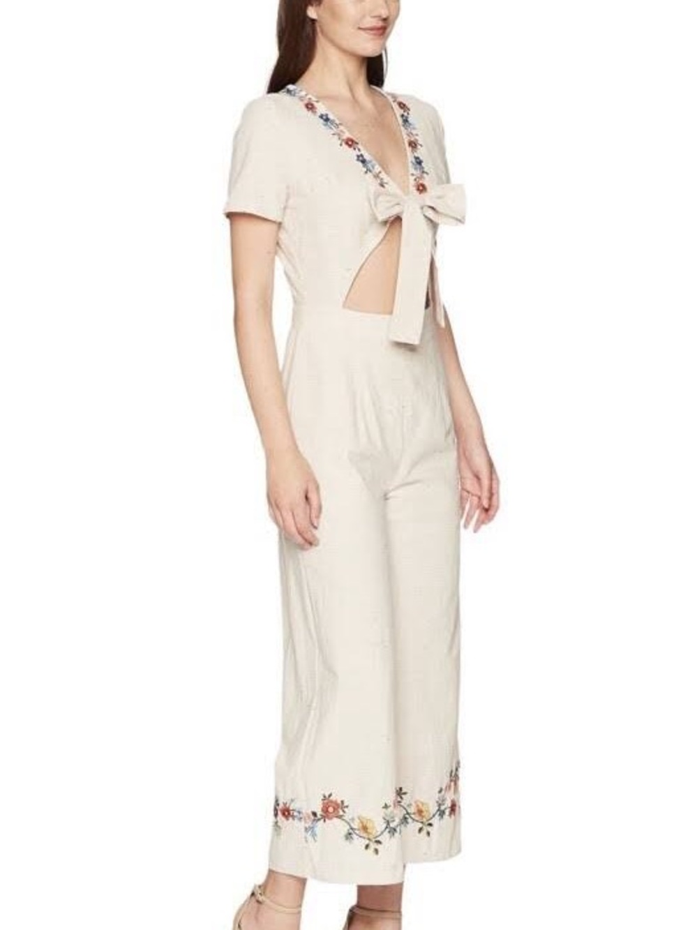 Anthropologie JOA Embroidered Tie Front Jumpsuit Large Beige Floral Wide Leg - Picture 16 of 16